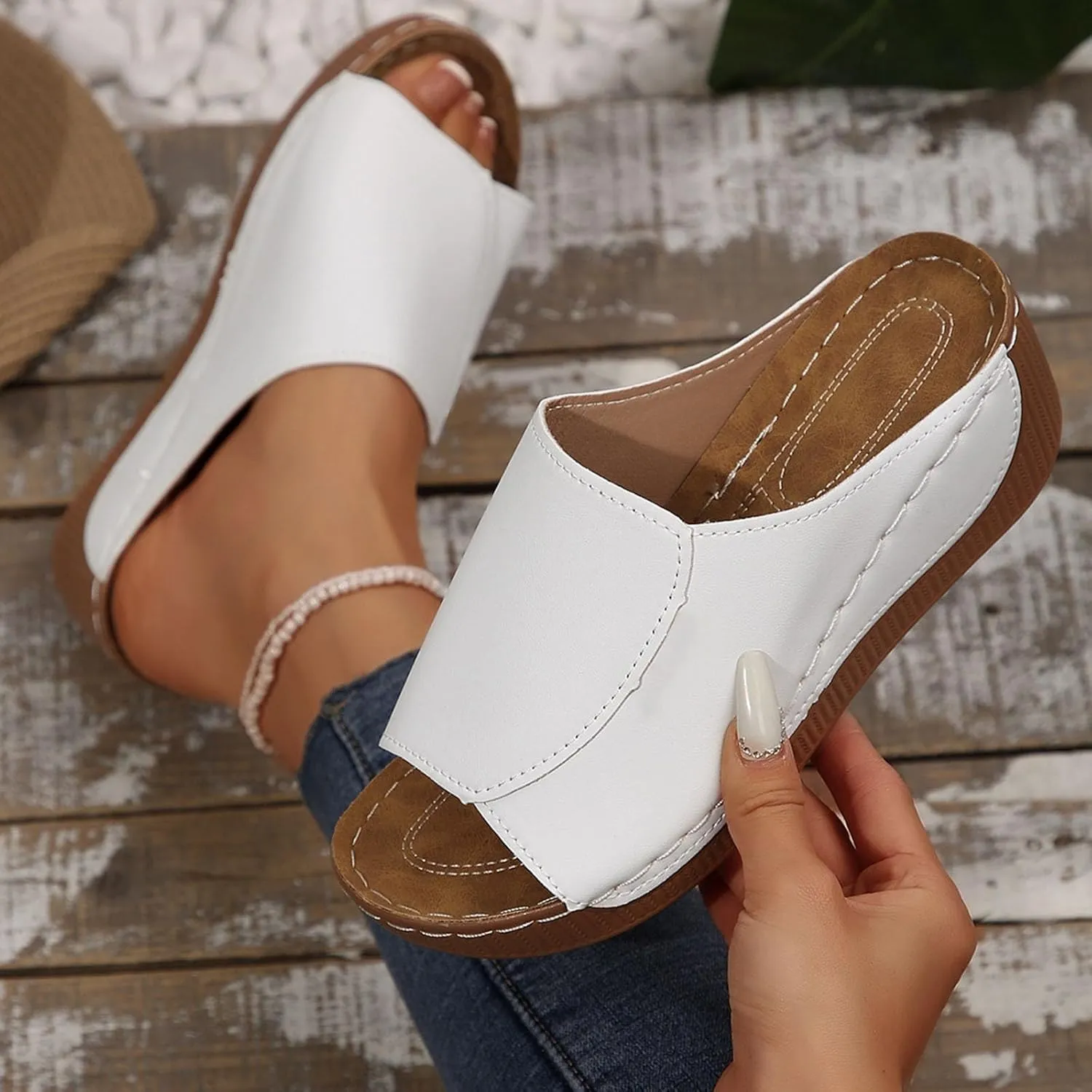 Platform Sandals Women Summer Orthopedic Arch Support Flat Slip on Wide Width Leather Wedge Sandals Damping Sole Upgradation Stretch Lightweight Heels Sandals Diabetic Walking Shoes
