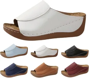 Platform Sandals Women Summer Orthopedic Arch Support Flat Slip on Wide Width Leather Wedge Sandals Damping Sole Upgradation Stretch Lightweight Heels Sandals Diabetic Walking Shoes