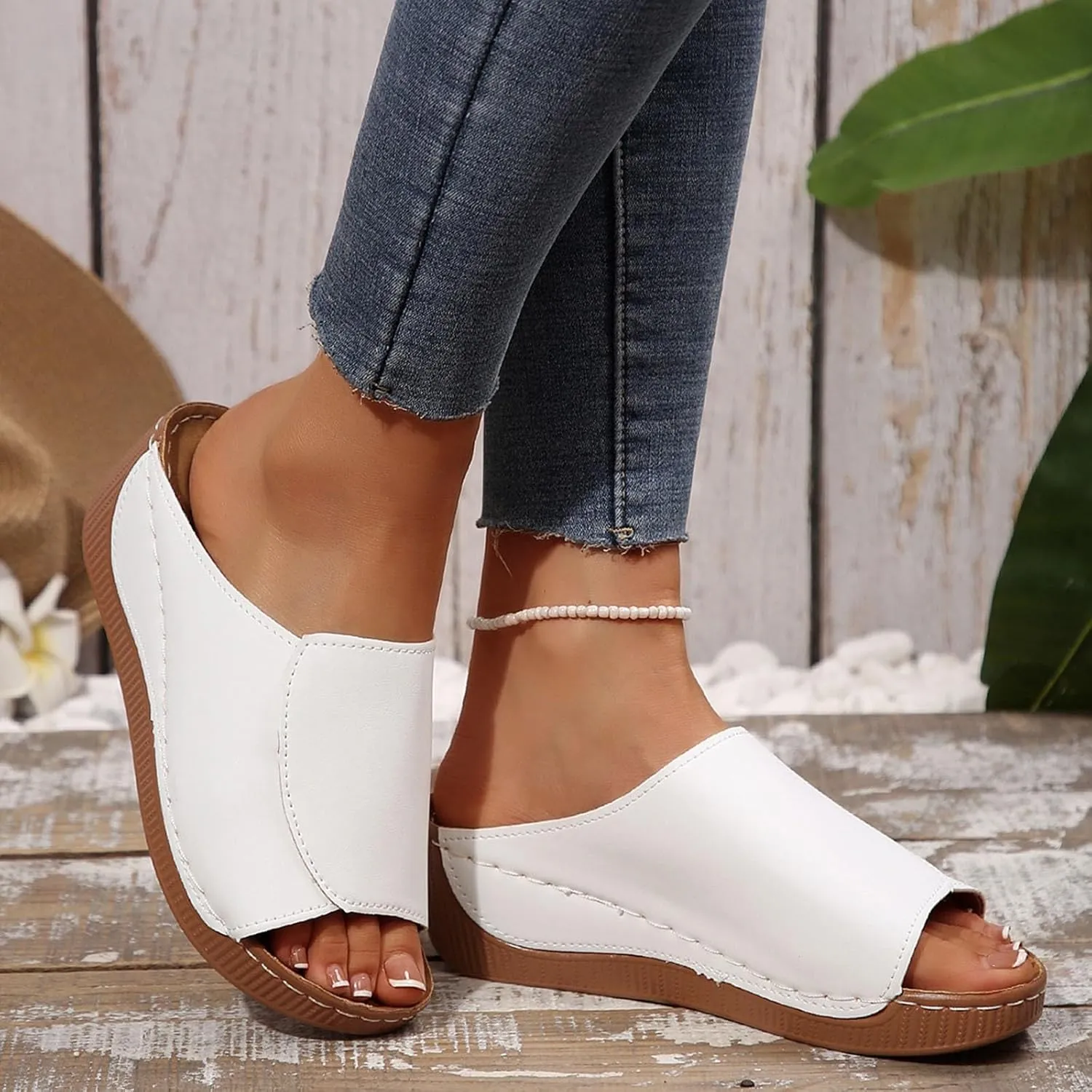 Platform Sandals Women Summer Orthopedic Arch Support Flat Slip on Wide Width Leather Wedge Sandals Damping Sole Upgradation Stretch Lightweight Heels Sandals Diabetic Walking Shoes