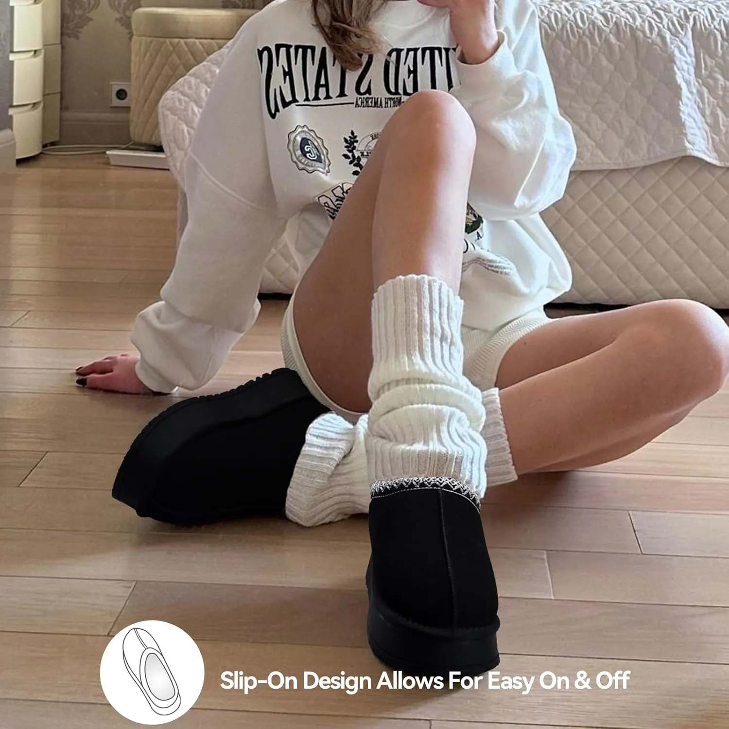 Platform Slippers for Women Winter Snow Mini Boots Suede Warm Lined Shoes Short Ankle Anti-Slip Platform Boots Slip on Home Fuzzy Slippers for Indoor Outdoor