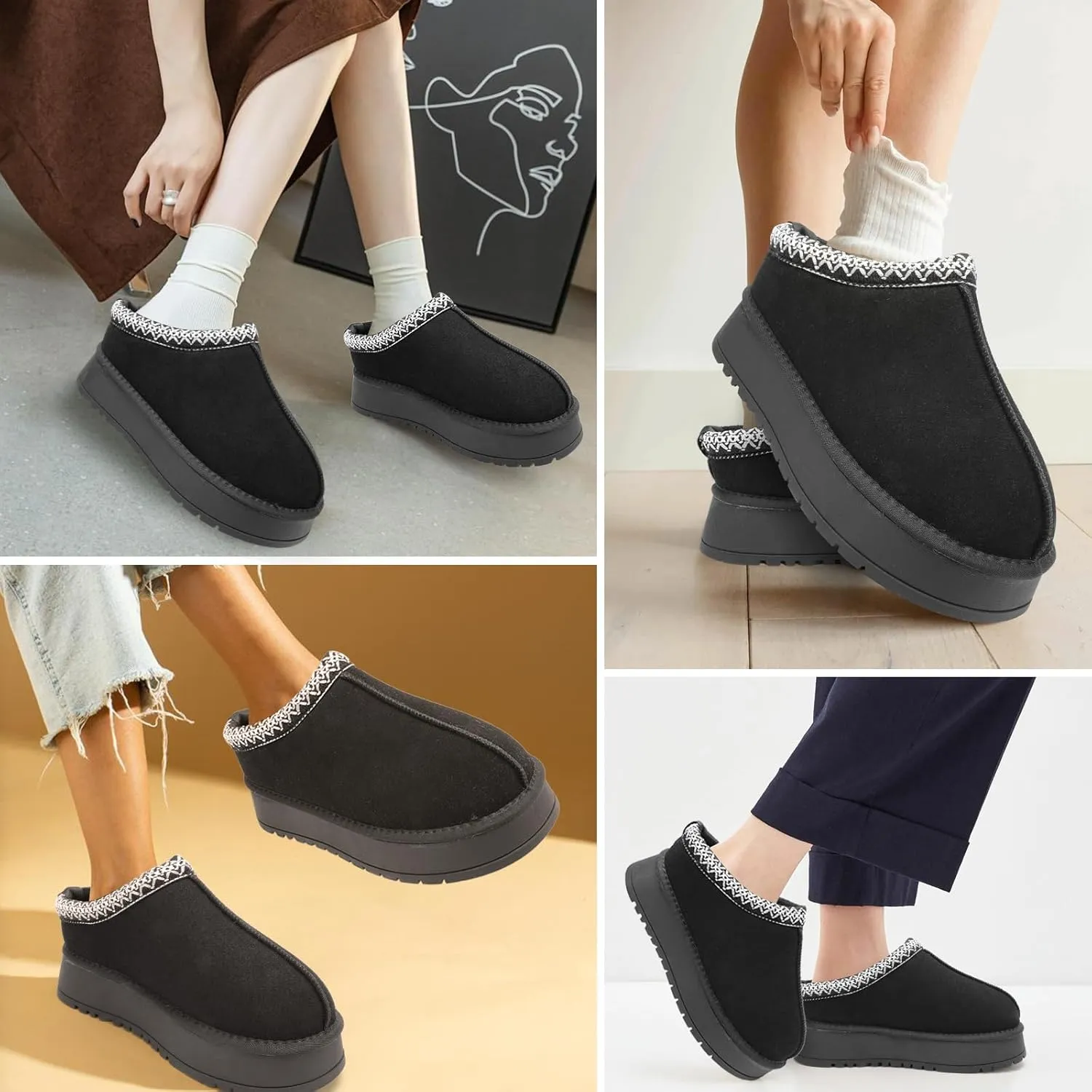Platform Slippers for Women Winter Snow Mini Boots Suede Warm Lined Shoes Short Ankle Anti-Slip Platform Boots Slip on Home Fuzzy Slippers for Indoor Outdoor