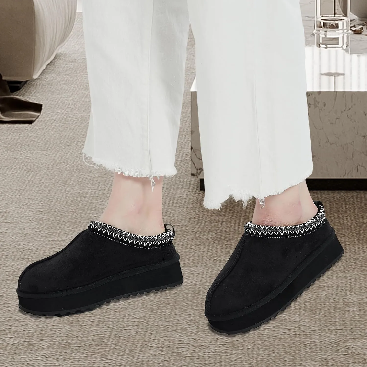 Platform Slippers, Mini Boots for Women Indoor Outdoor Anti-slip Slippers Womens Warm Fleece Lining Suede Leather Ankle Boots Slip On Hoese Shoes