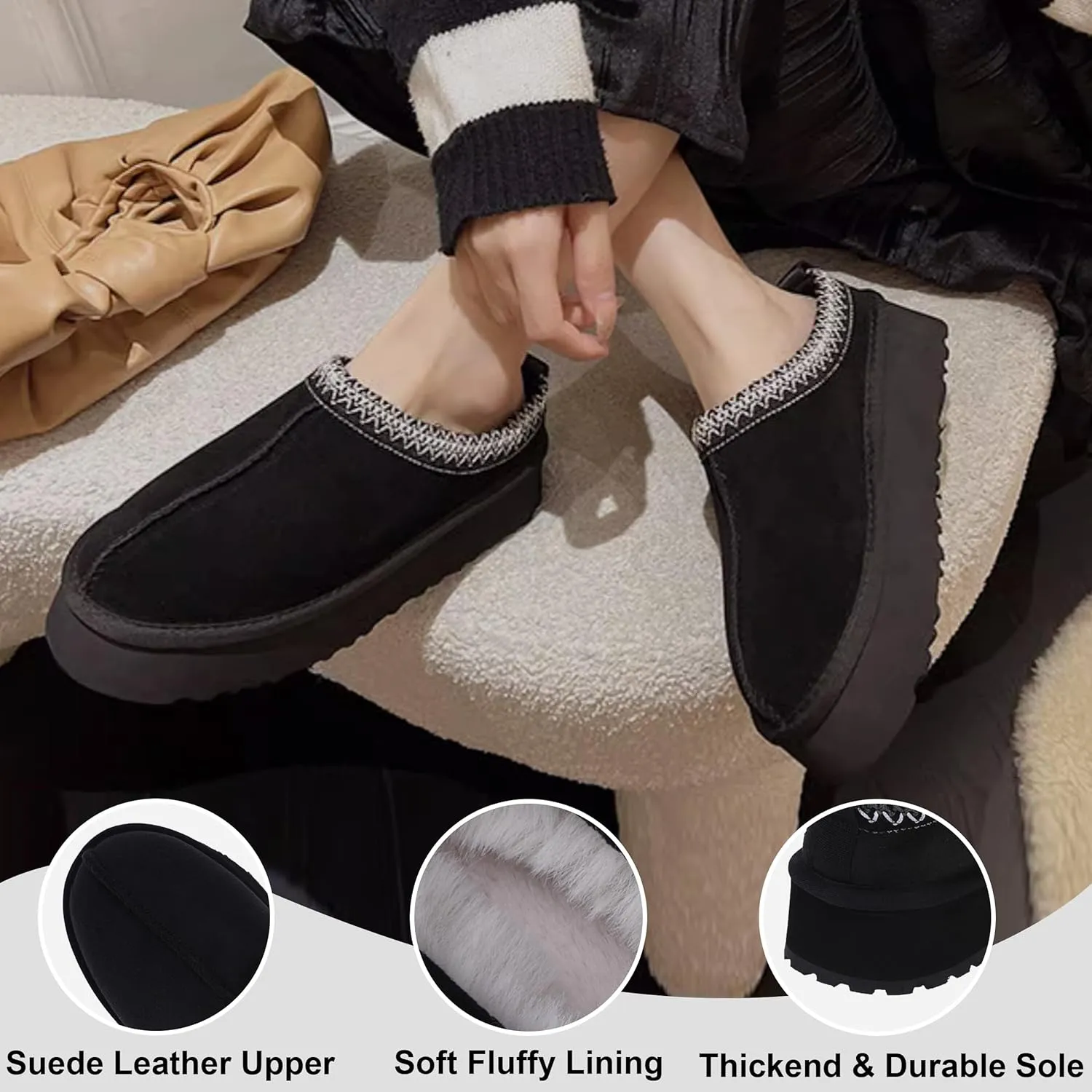 Platform Slippers, Mini Boots for Women Indoor Outdoor Anti-slip Slippers Womens Warm Fleece Lining Suede Leather Ankle Boots Slip On Hoese Shoes