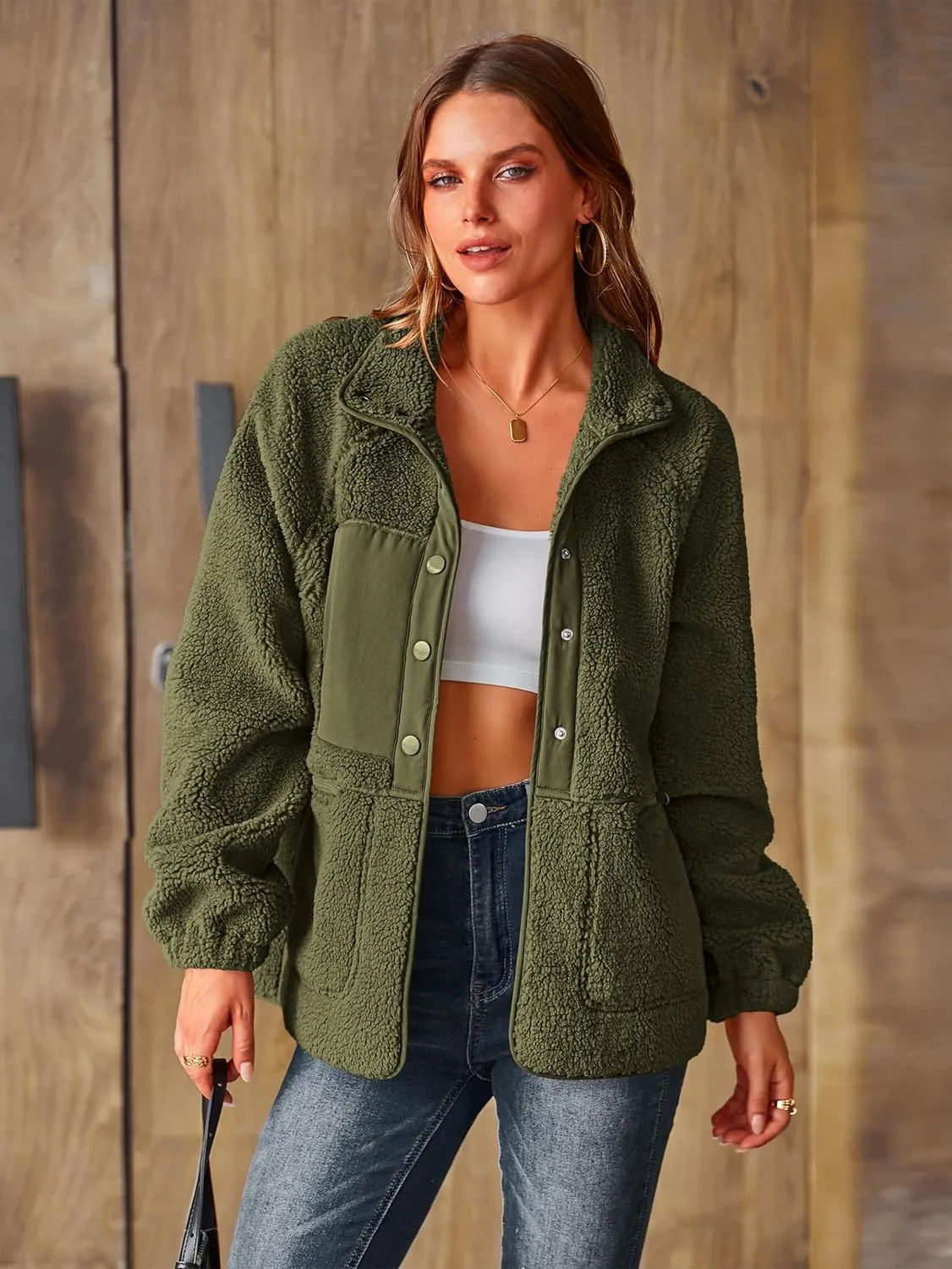 PRETTYGARDEN Women 2024 Fall Winter Fleece Jacket Long Sleeve Casual Button Fuzzy Sherpa Cropped Coats Outerwear with Pockets