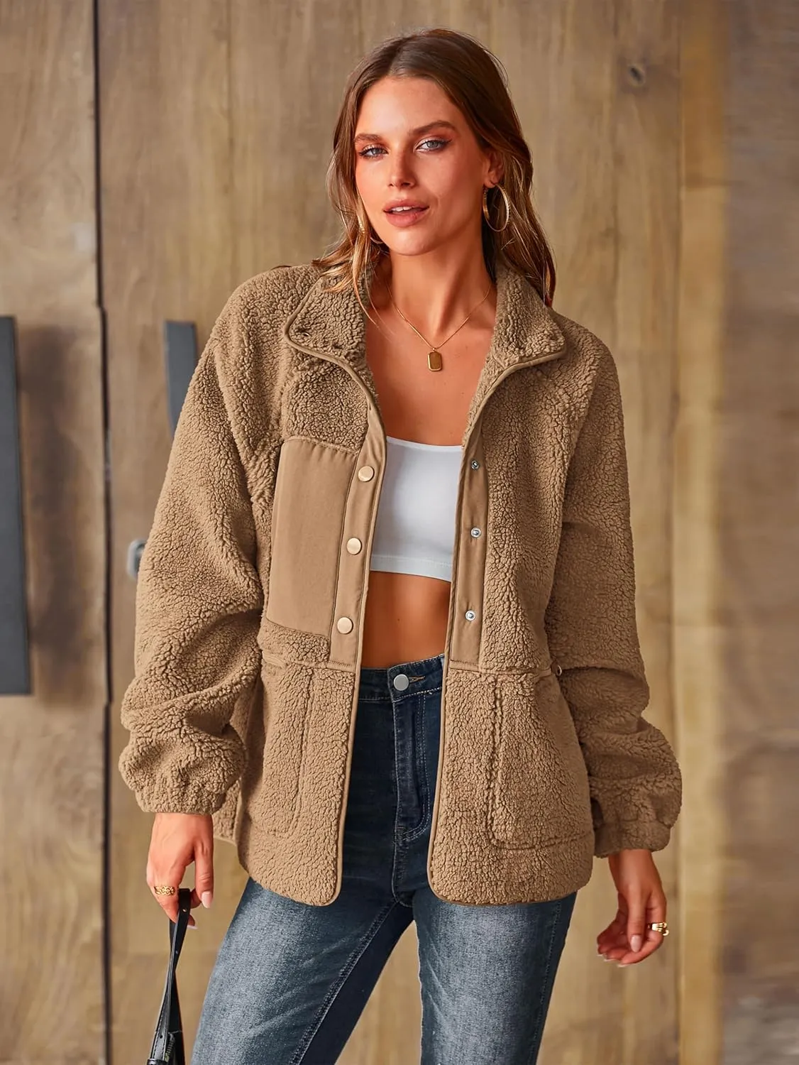PRETTYGARDEN Women 2024 Fall Winter Fleece Jacket Long Sleeve Casual Button Fuzzy Sherpa Cropped Coats Outerwear with Pockets