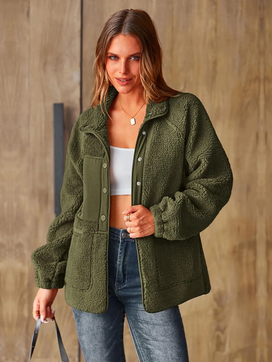 PRETTYGARDEN Women 2024 Fall Winter Fleece Jacket Long Sleeve Casual Button Fuzzy Sherpa Cropped Coats Outerwear with Pockets
