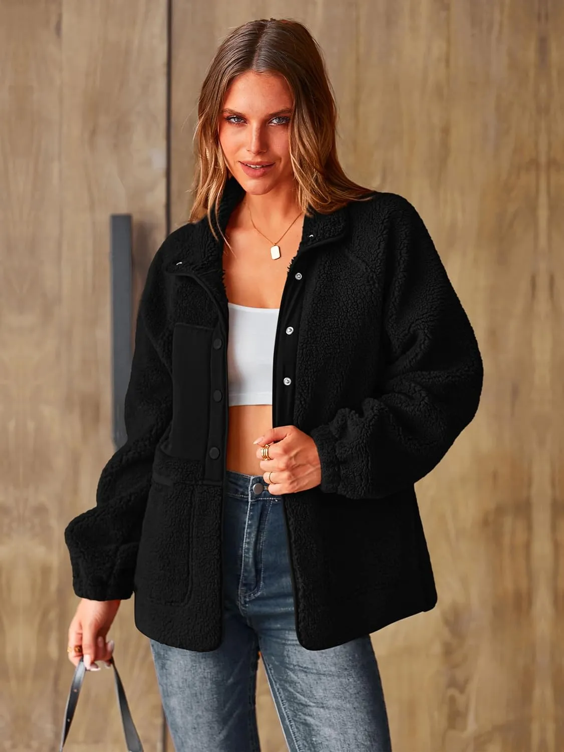 PRETTYGARDEN Women 2024 Fall Winter Fleece Jacket Long Sleeve Casual Button Fuzzy Sherpa Cropped Coats Outerwear with Pockets