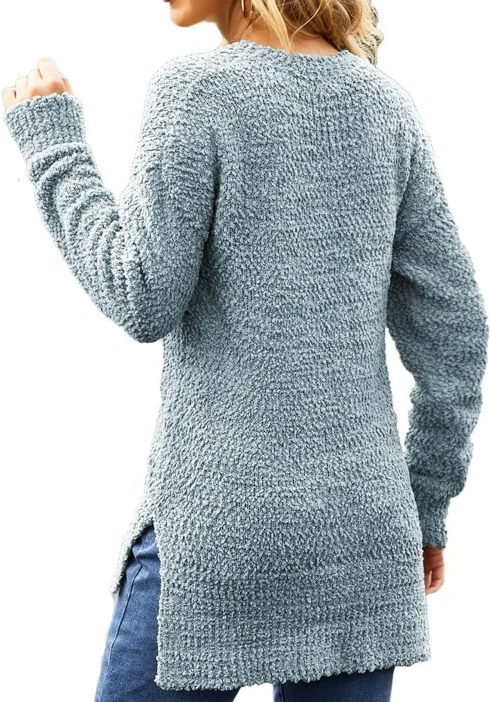 Qearal Women's Long Sleeve Fuzzy Knitted Sweater Popcorn Side Split Loose Pullover Tops