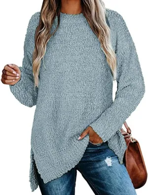 Qearal Women's Long Sleeve Fuzzy Knitted Sweater Popcorn Side Split Loose Pullover Tops