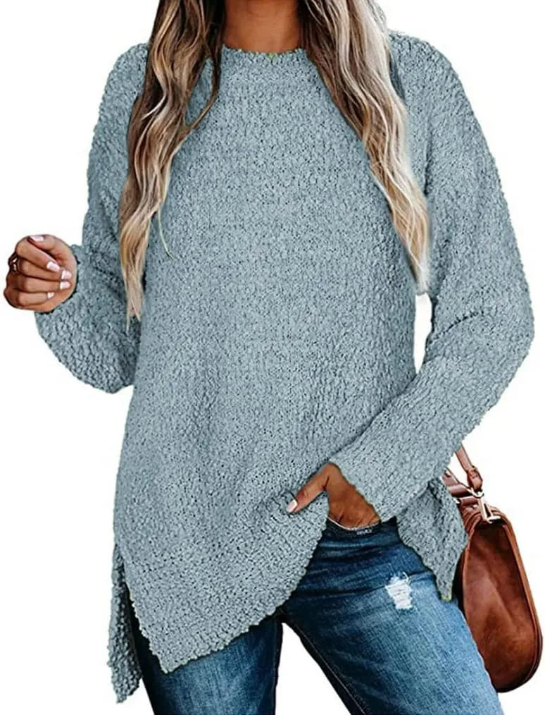 Qearal Women's Long Sleeve Fuzzy Knitted Sweater Popcorn Side Split Loose Pullover Tops