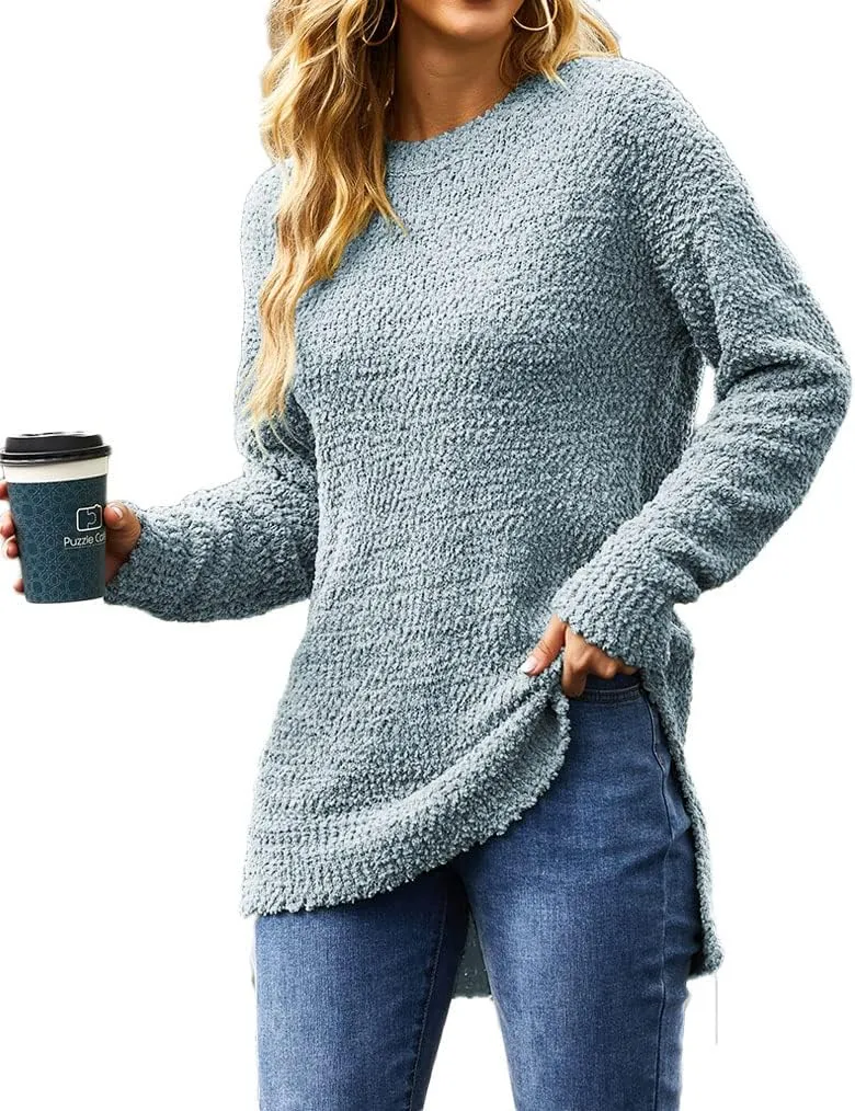 Qearal Women's Long Sleeve Fuzzy Knitted Sweater Popcorn Side Split Loose Pullover Tops