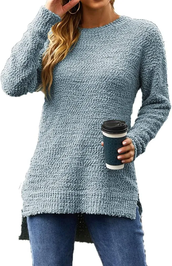 Qearal Women's Long Sleeve Fuzzy Knitted Sweater Popcorn Side Split Loose Pullover Tops