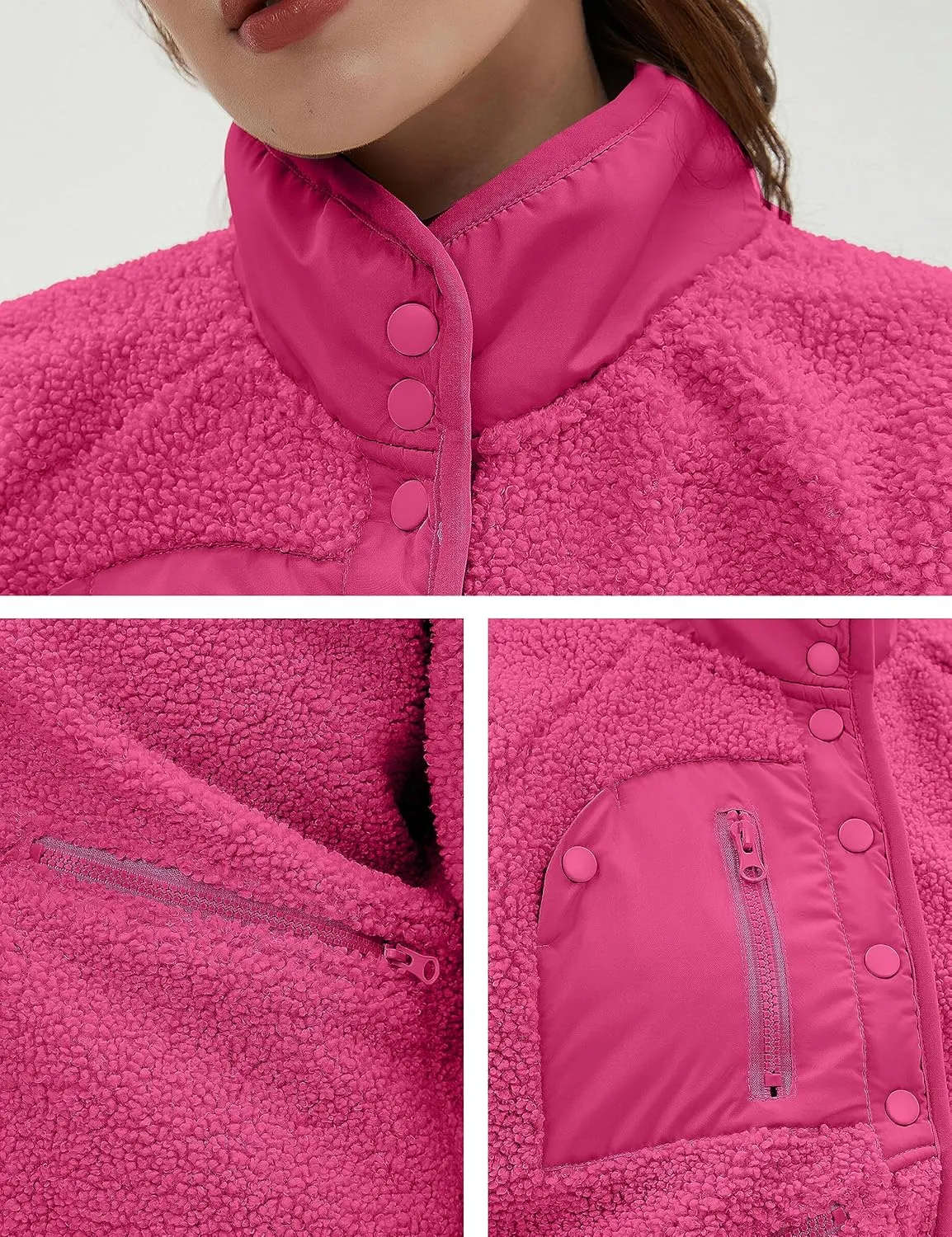 QIBABU Womens Fuzzy Fleece Jacket Long Sleeve Winter Short Coats Warm Button Down Sherpa Fleece Jackets Shacket