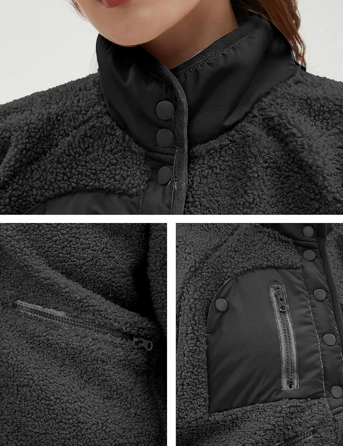 QIBABU Womens Fuzzy Fleece Jacket Long Sleeve Winter Short Coats Warm Button Down Sherpa Fleece Jackets Shacket