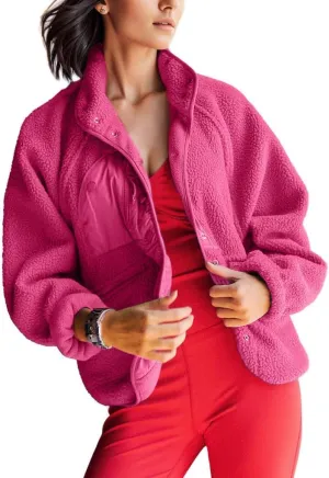QIBABU Womens Fuzzy Fleece Jacket Long Sleeve Winter Short Coats Warm Button Down Sherpa Fleece Jackets Shacket