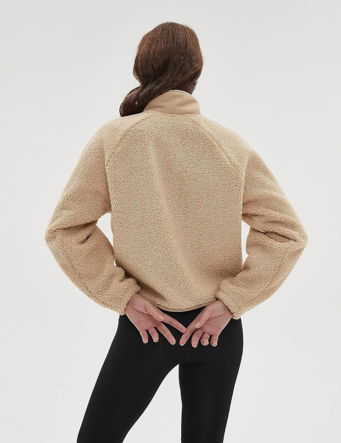 QIBABU Womens Fuzzy Fleece Jacket Long Sleeve Winter Short Coats Warm Button Down Sherpa Fleece Jackets Shacket
