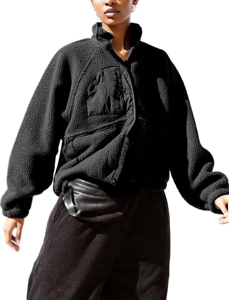 QIBABU Womens Fuzzy Fleece Jacket Long Sleeve Winter Short Coats Warm Button Down Sherpa Fleece Jackets Shacket