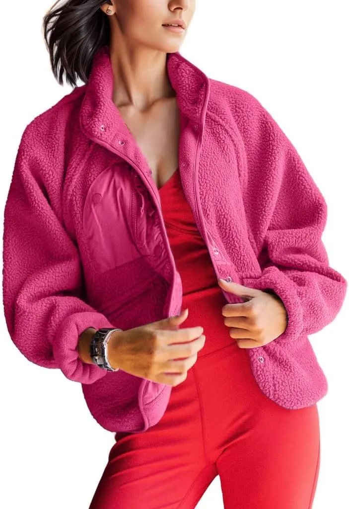 QIBABU Womens Fuzzy Fleece Jacket Long Sleeve Winter Short Coats Warm Button Down Sherpa Fleece Jackets Shacket