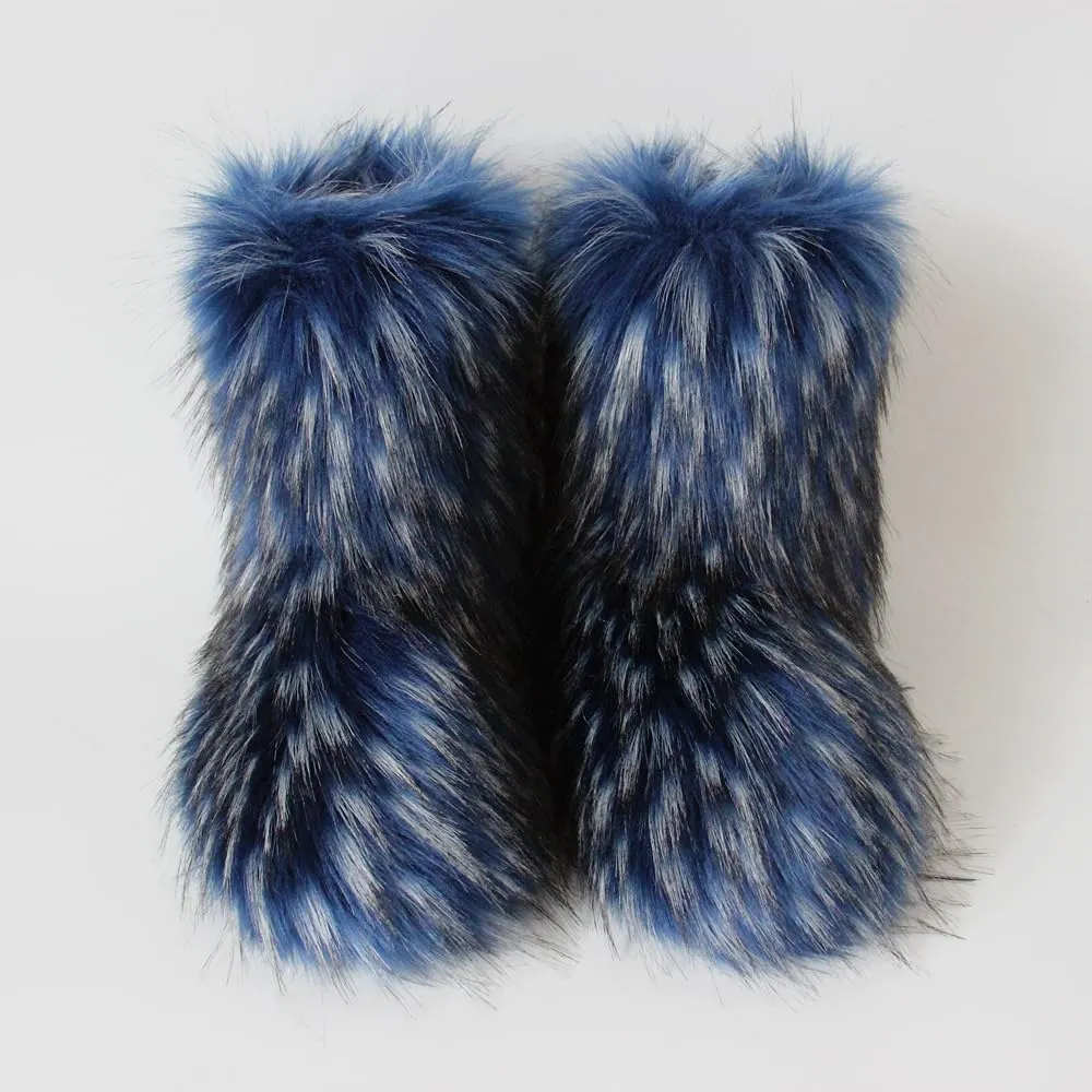 QMFUR Women's Furry Faux Fur Boots Fuzzy Fluffy Mid Calf Snow Boots Suede Warm Fur Lined Booties Flat Fashion Boots