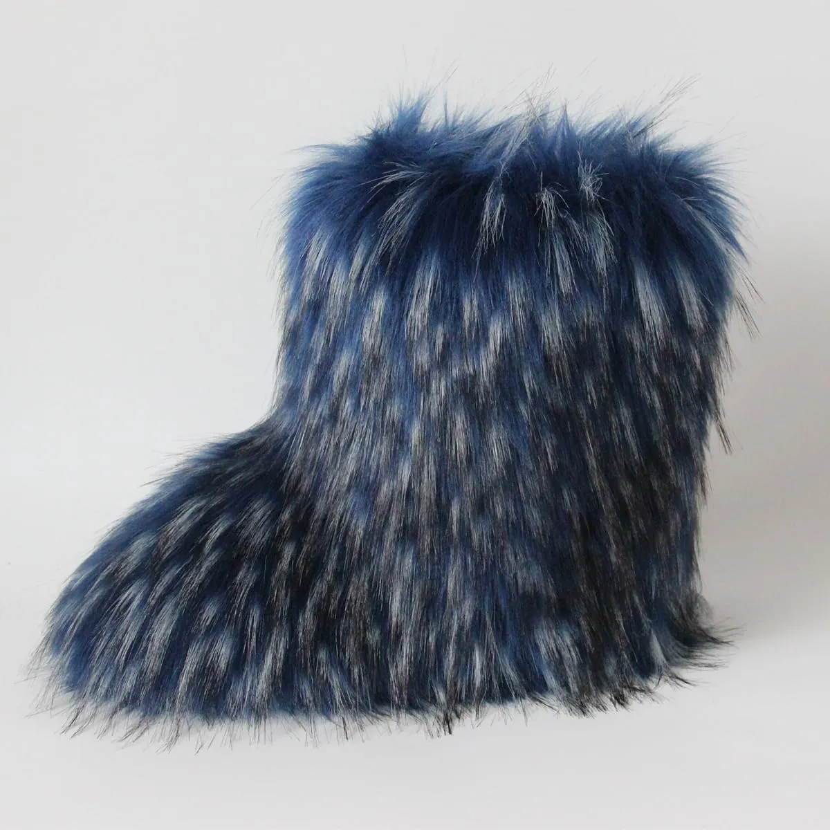 QMFUR Women's Furry Faux Fur Boots Fuzzy Fluffy Mid Calf Snow Boots Suede Warm Fur Lined Booties Flat Fashion Boots