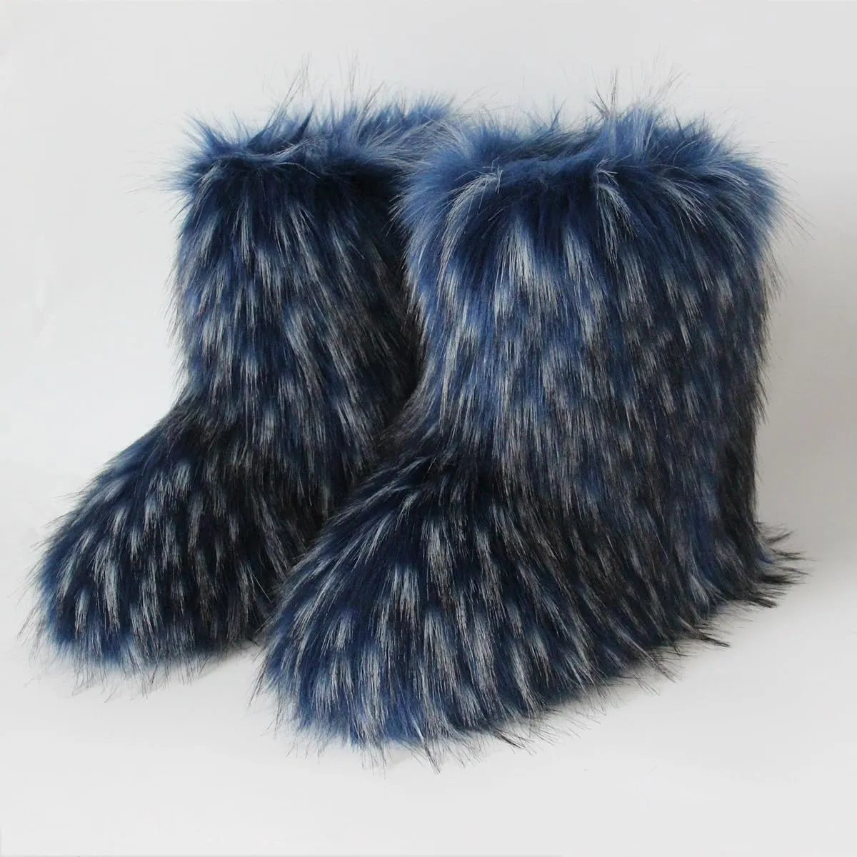 QMFUR Women's Furry Faux Fur Boots Fuzzy Fluffy Mid Calf Snow Boots Suede Warm Fur Lined Booties Flat Fashion Boots