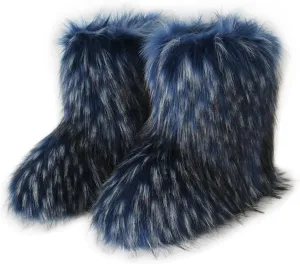 QMFUR Women's Furry Faux Fur Boots Fuzzy Fluffy Mid Calf Snow Boots Suede Warm Fur Lined Booties Flat Fashion Boots