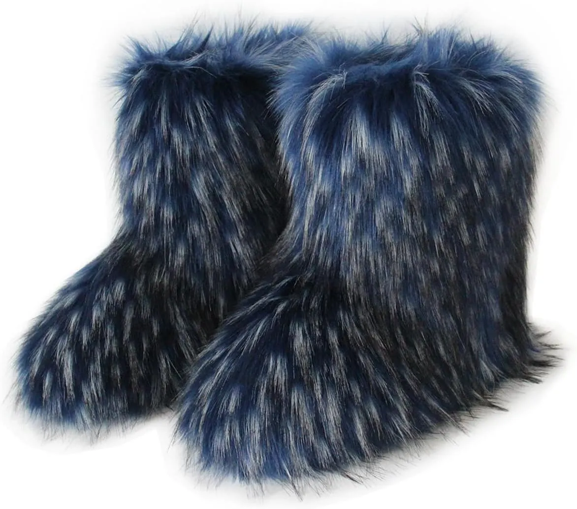 QMFUR Women's Furry Faux Fur Boots Fuzzy Fluffy Mid Calf Snow Boots Suede Warm Fur Lined Booties Flat Fashion Boots
