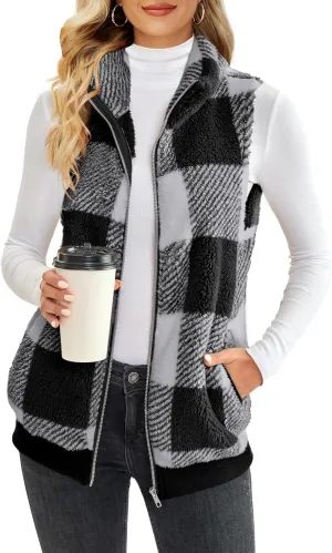 ReachMe Womens Fuzzy Fleece Vest Sleeveless Sherpa Jacket with Pockets Warm Fluffy Zip Up Outerwear Coats