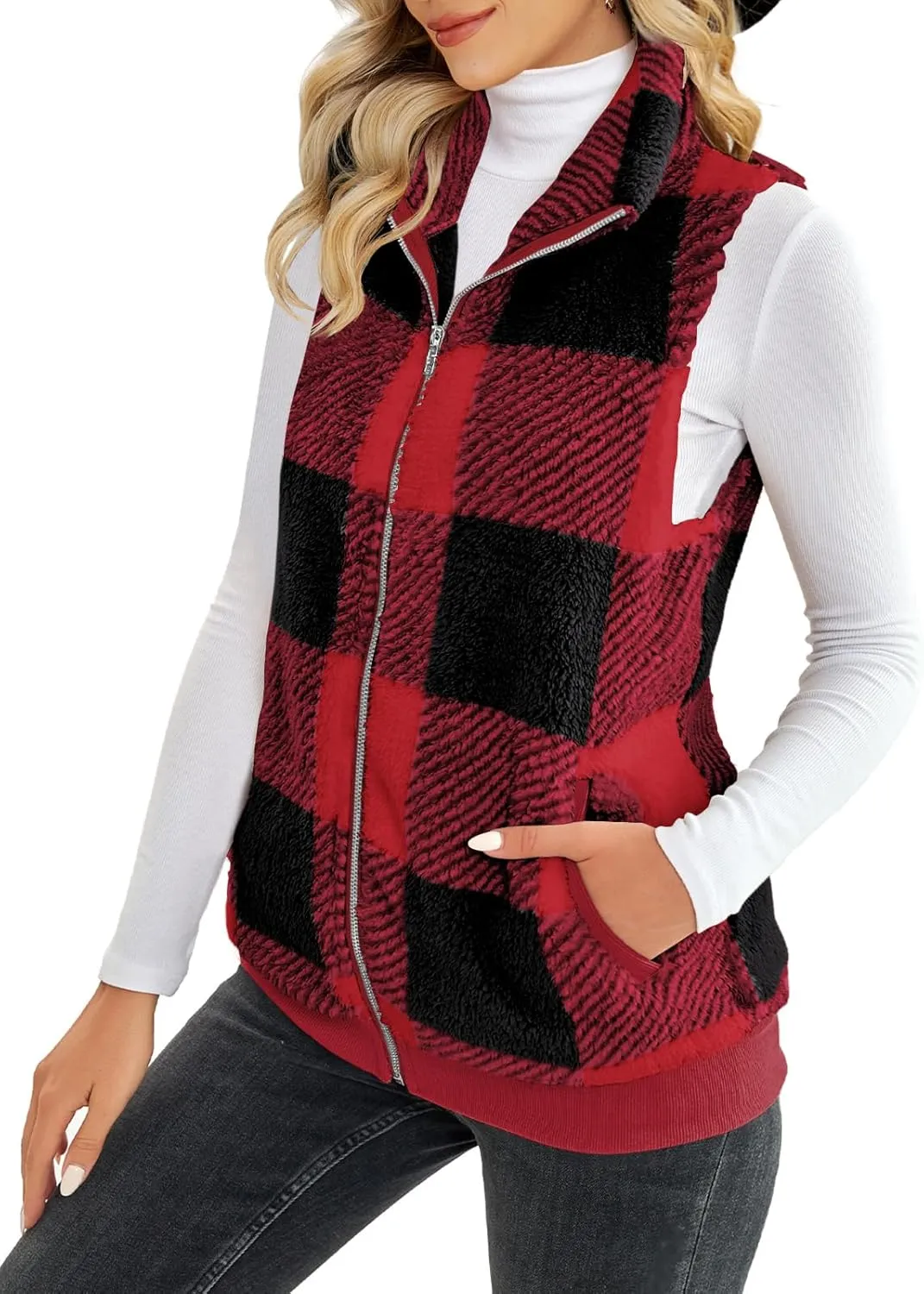 ReachMe Womens Fuzzy Fleece Vest Sleeveless Sherpa Jacket with Pockets Warm Fluffy Zip Up Outerwear Coats