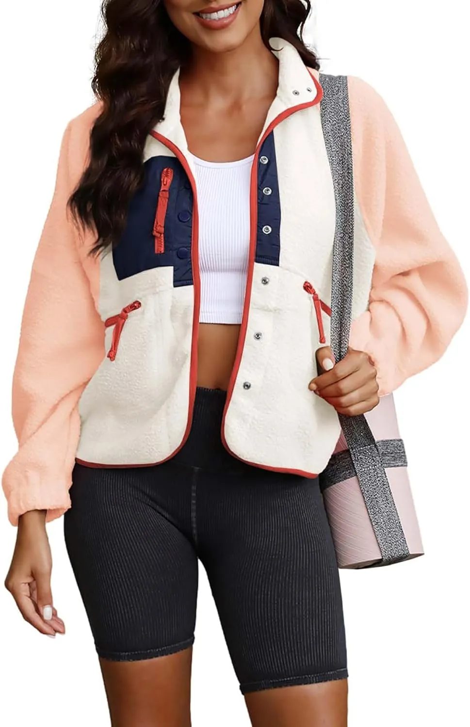 ReachMe Womens Sherpa Jacket Casual Lapel Button Down Cropped Fuzzy Fleece Jackets Long Sleeve Winter Coats with Pockets