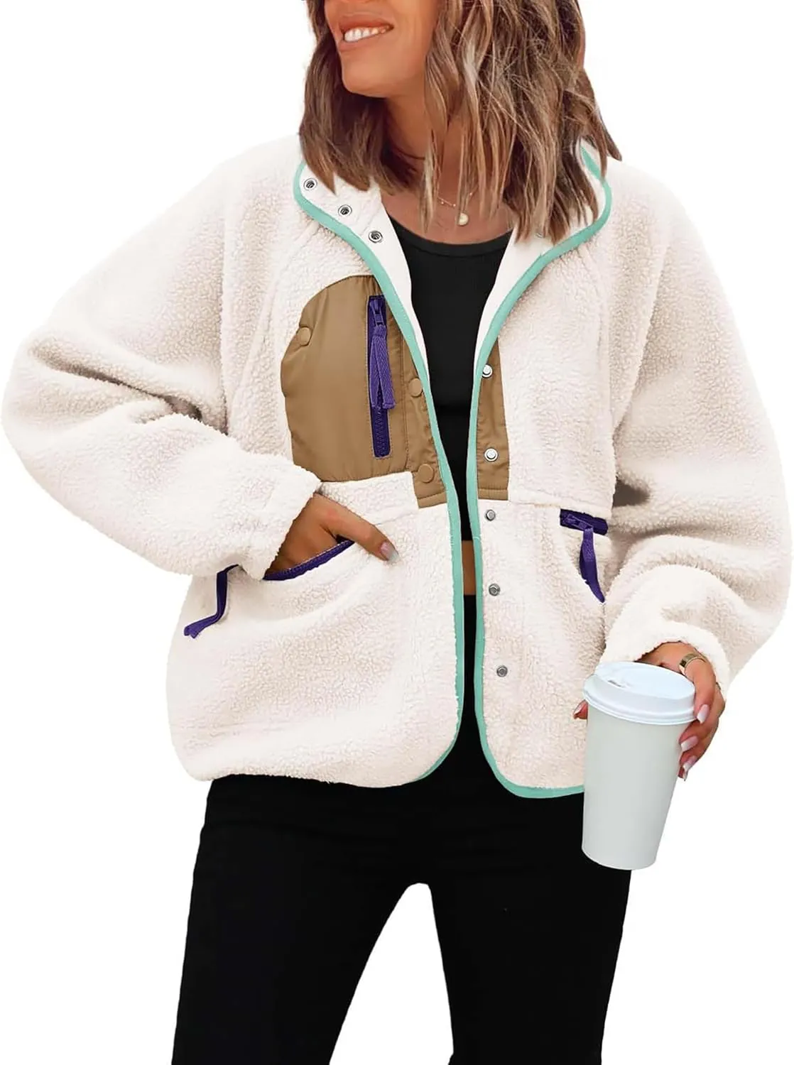 ReachMe Womens Sherpa Jacket Casual Lapel Button Down Cropped Fuzzy Fleece Jackets Long Sleeve Winter Coats with Pockets