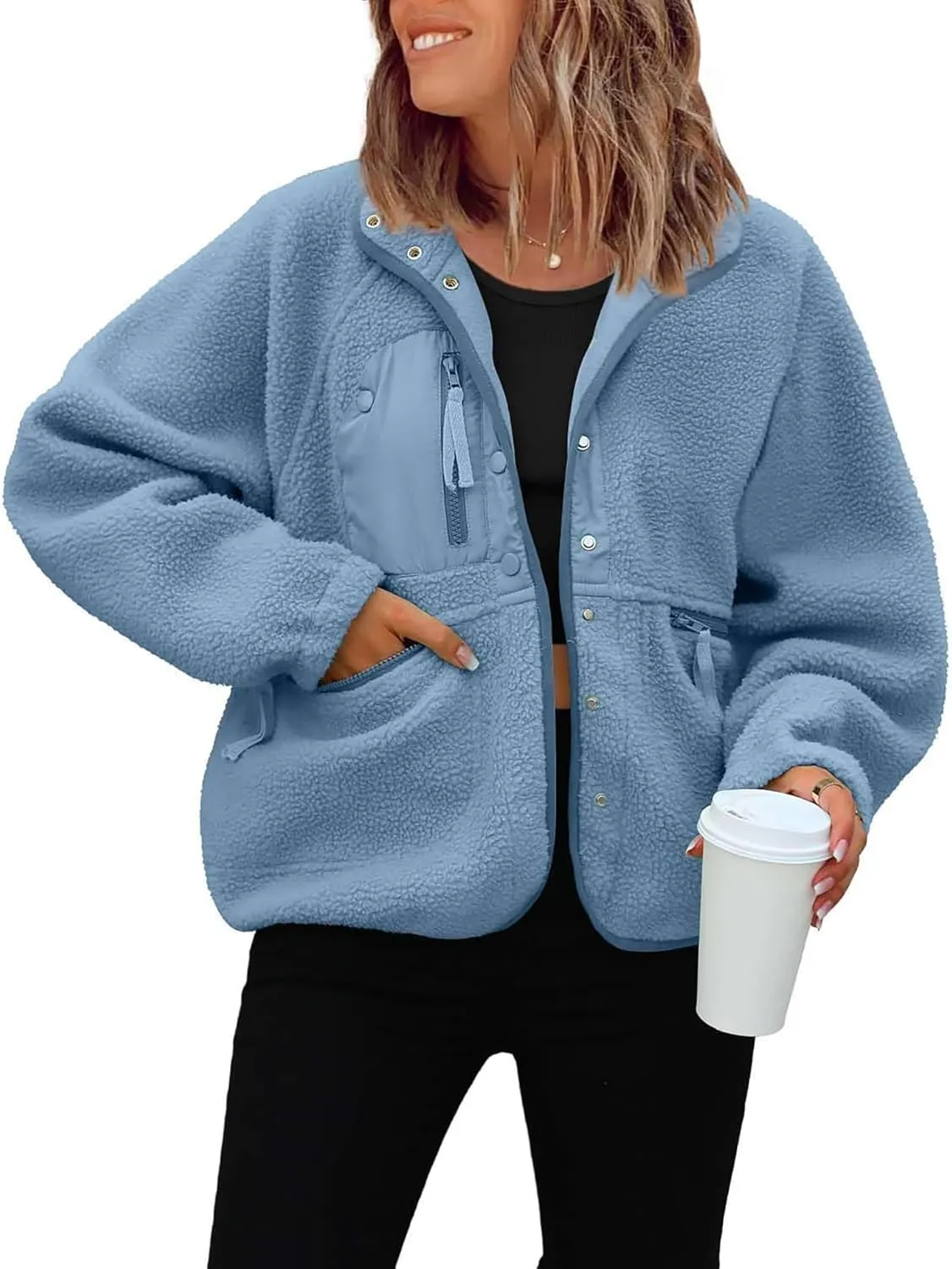 ReachMe Womens Sherpa Jacket Casual Lapel Button Down Cropped Fuzzy Fleece Jackets Long Sleeve Winter Coats with Pockets