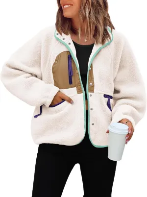 ReachMe Womens Sherpa Jacket Casual Lapel Button Down Cropped Fuzzy Fleece Jackets Long Sleeve Winter Coats with Pockets
