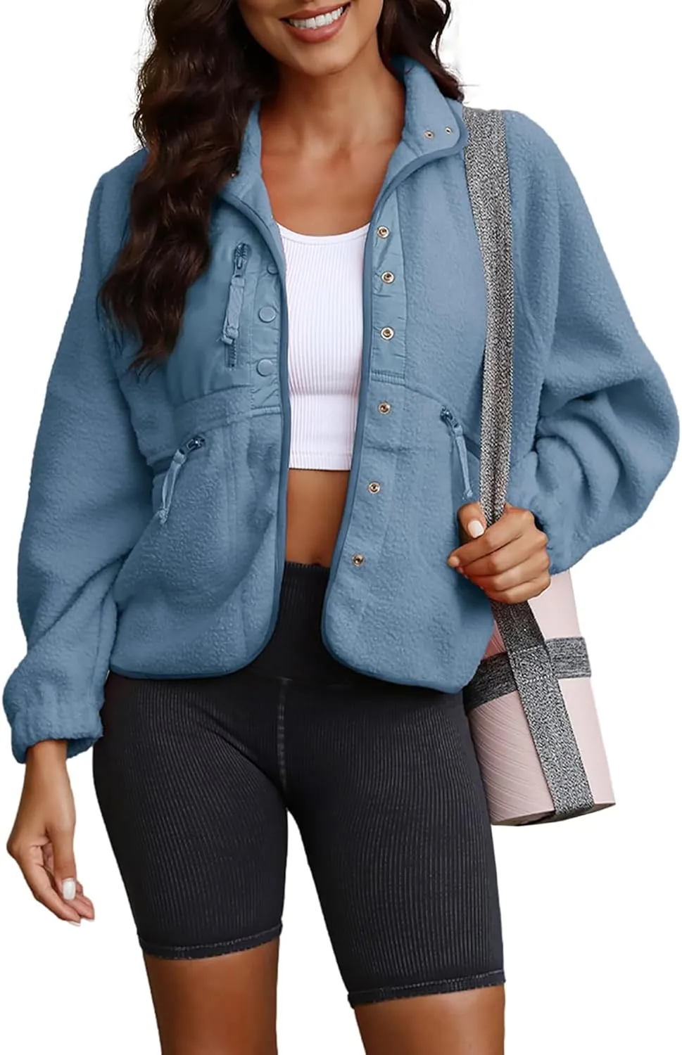 ReachMe Womens Sherpa Jacket Casual Lapel Button Down Cropped Fuzzy Fleece Jackets Long Sleeve Winter Coats with Pockets