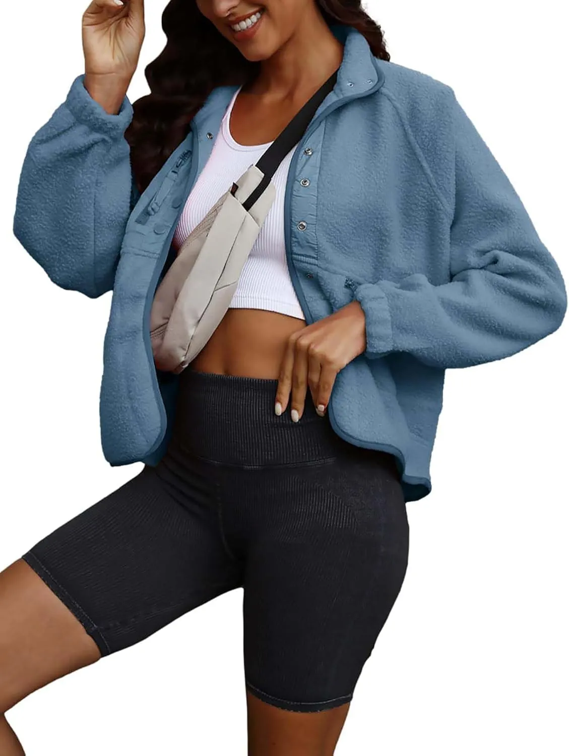ReachMe Womens Sherpa Jacket Casual Lapel Button Down Cropped Fuzzy Fleece Jackets Long Sleeve Winter Coats with Pockets