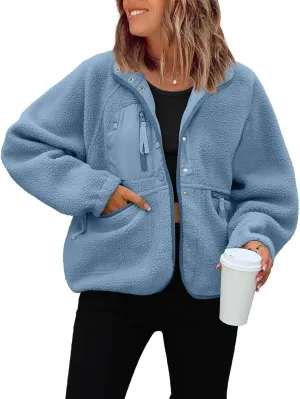 ReachMe Womens Sherpa Jacket Casual Lapel Button Down Cropped Fuzzy Fleece Jackets Long Sleeve Winter Coats with Pockets