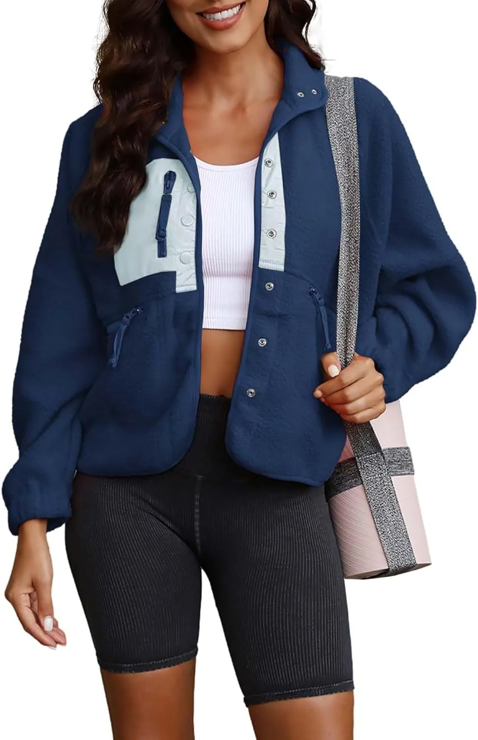 ReachMe Womens Sherpa Jacket Casual Lapel Button Down Cropped Fuzzy Fleece Jackets Long Sleeve Winter Coats with Pockets