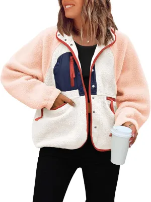 ReachMe Womens Sherpa Jacket Casual Lapel Button Down Cropped Fuzzy Fleece Jackets Long Sleeve Winter Coats with Pockets