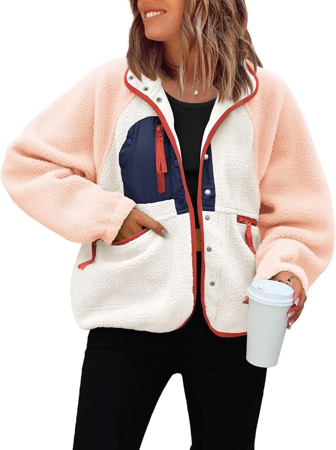 ReachMe Womens Sherpa Jacket Casual Lapel Button Down Cropped Fuzzy Fleece Jackets Long Sleeve Winter Coats with Pockets