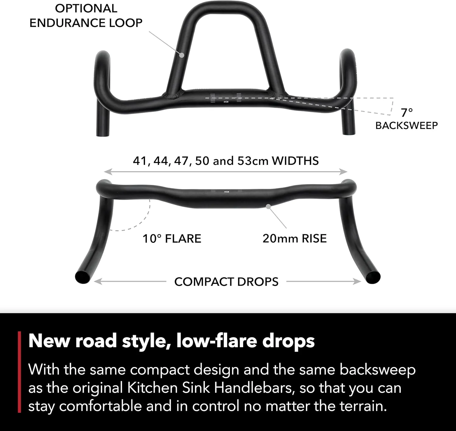 REDSHIFT Kitchen Sink Low Flare Handlebar without Loop for Road, Gravel, Touring, and Commuter Bikes, Aluminum Drop Bar, 31.8mm Clamp, with 20mm of Rise, 47cm Width