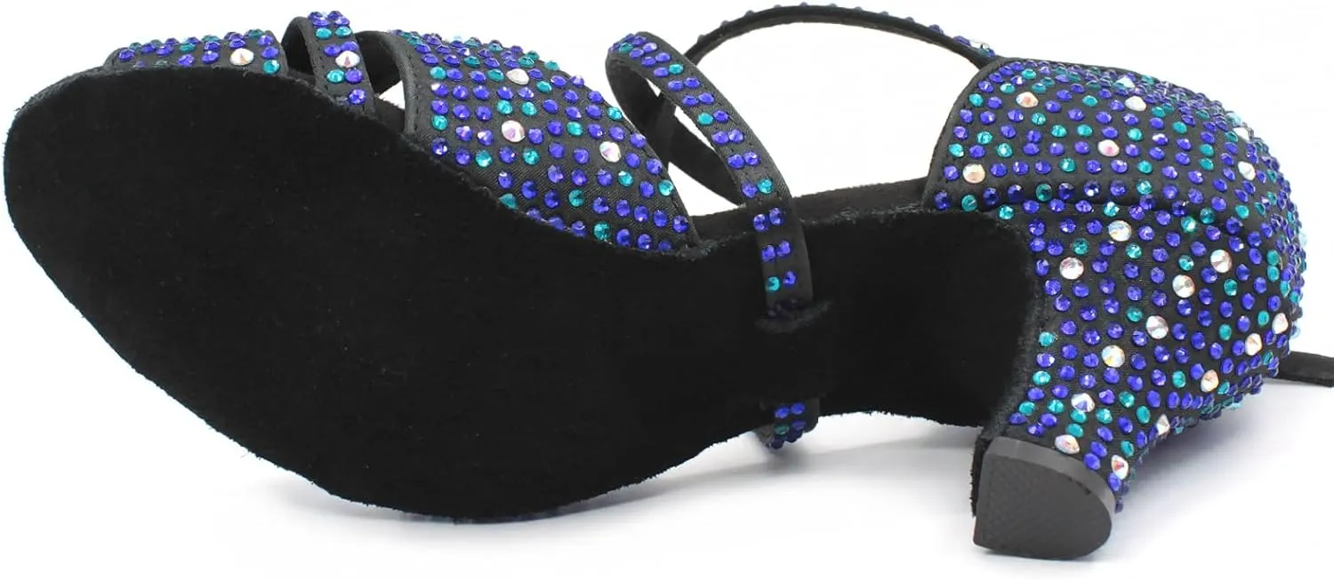 Rhinestones Dance Shoes for Women,Black Satin Salsa Latin Swing Ballroom Heels,Glitter Sandals with Kitten Heel,for Evening/Wedding/Party
