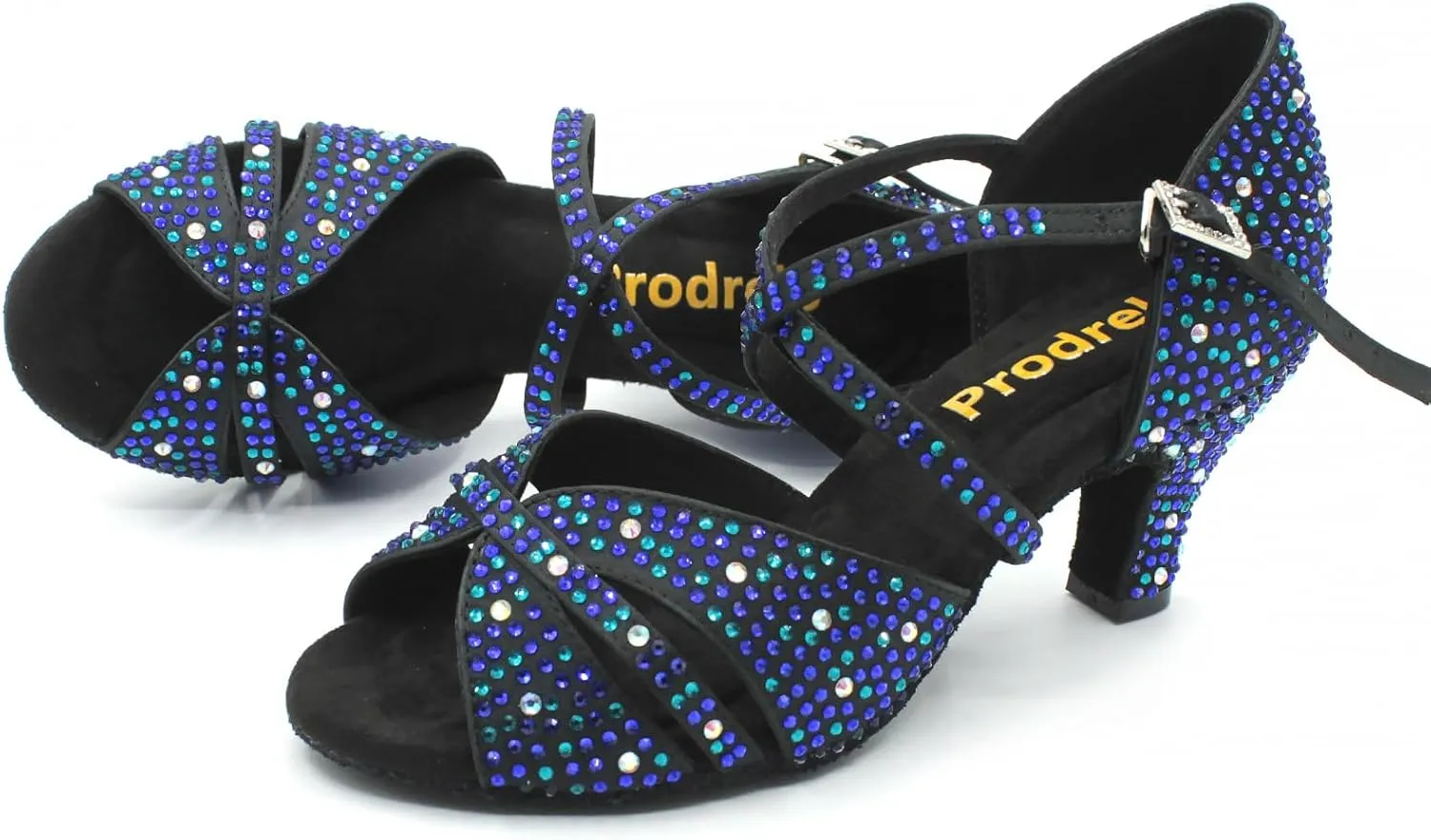 Rhinestones Dance Shoes for Women,Black Satin Salsa Latin Swing Ballroom Heels,Glitter Sandals with Kitten Heel,for Evening/Wedding/Party
