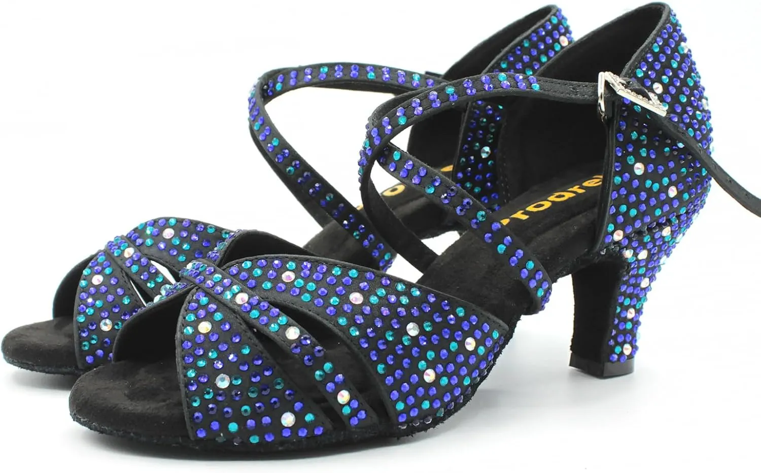 Rhinestones Dance Shoes for Women,Black Satin Salsa Latin Swing Ballroom Heels,Glitter Sandals with Kitten Heel,for Evening/Wedding/Party