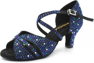 Rhinestones Dance Shoes for Women,Black Satin Salsa Latin Swing Ballroom Heels,Glitter Sandals with Kitten Heel,for Evening/Wedding/Party
