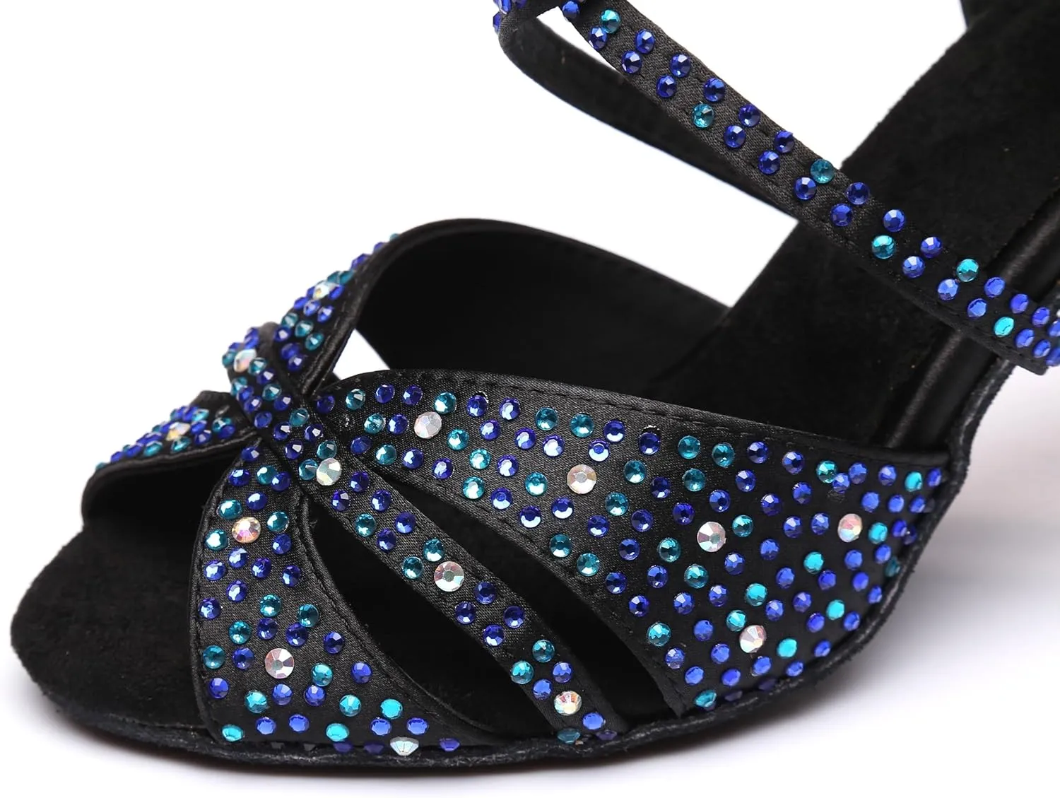 Rhinestones Dance Shoes for Women,Black Satin Salsa Latin Swing Ballroom Heels,Glitter Sandals with Kitten Heel,for Evening/Wedding/Party