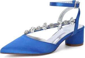 Rhinestones Satin Strappy Wedding Shoes Pointed Toe Block Low Heel Bridal Shoes Women Party Sandals 4.5CM Closed Toe Ankle Strap Pumps for Prom,Blue,11