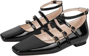 richealnini Mary Jane Shoes Women Low Block Heel Square Toe Flats Patent Leather Pumps Wedding Dress