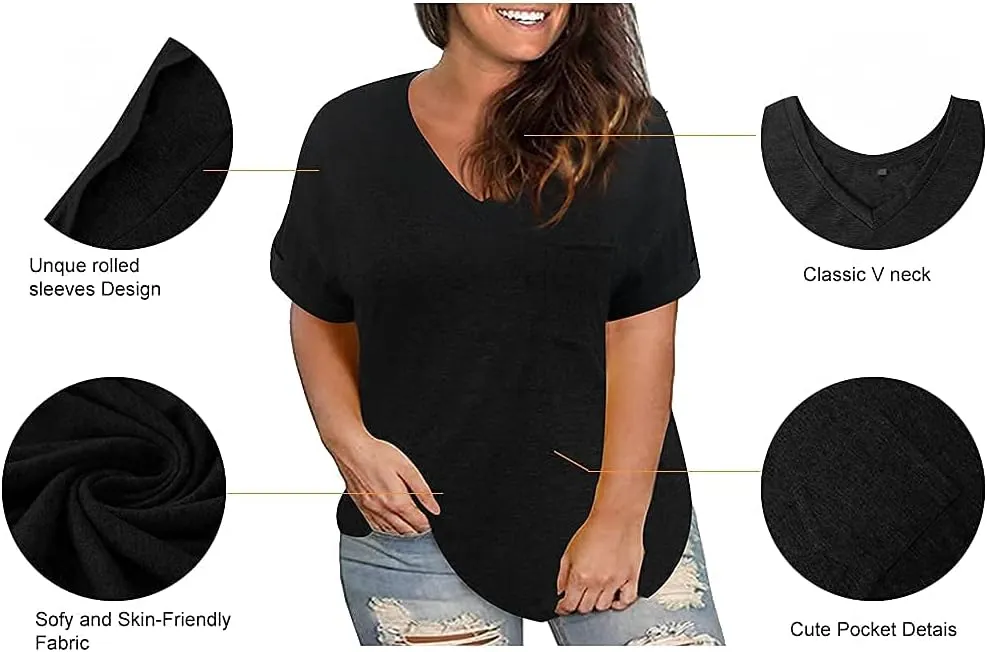 RITERA Plus Size Tops For Women Summer T Shirts V Neck Short Sleeve Casual Basic Tee with Front Pocket XL-5XL