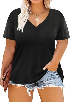 RITERA Plus Size Tops For Women Summer T Shirts V Neck Short Sleeve Casual Basic Tee with Front Pocket XL-5XL