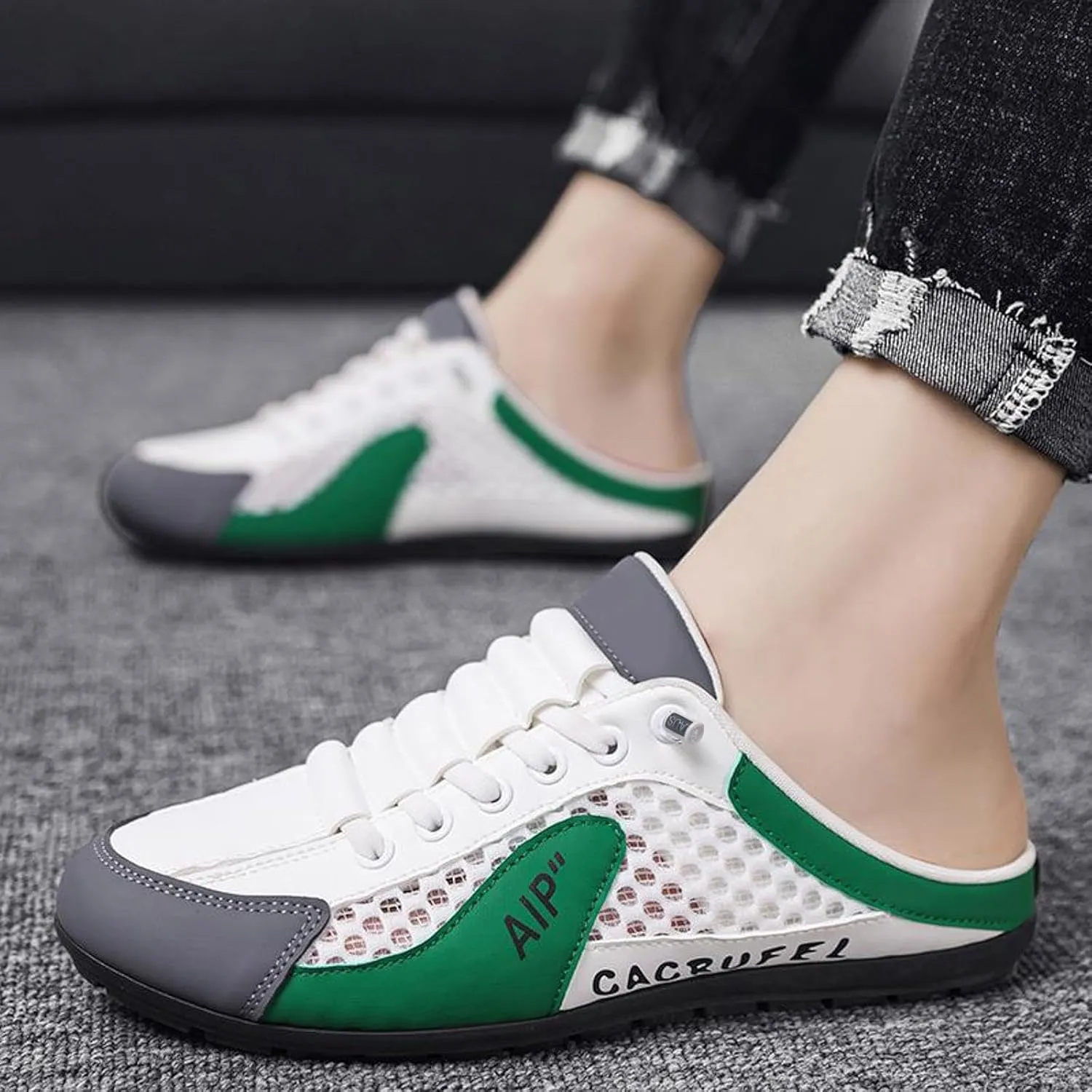 Roorsily Men's Half Cap Toe Mesh Slippers Comfortable Breathable Lazy Slip On Slippers Fashionable Outdoor Slippers